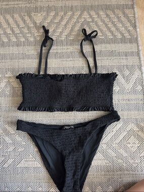 Aqua Black Smocked Two-Piece Bikini - padded